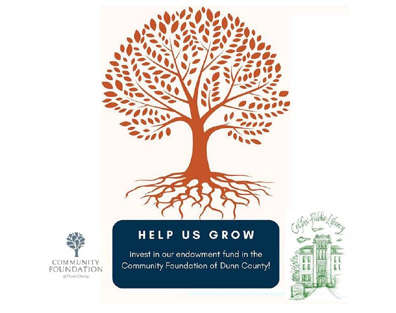A tree with roots and the logos for the Colfax Public Library and the Community Foundation of Dunn county.